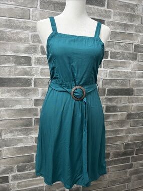 Square-Neck Teal Belted Mini Dress